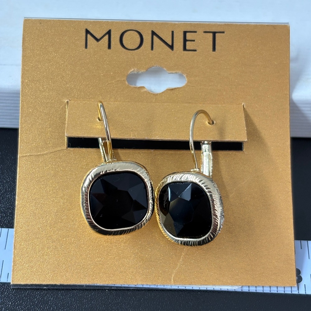 Monet Womens Drop Earrings OS Black Gold Tone Faceted Cushion Leverback 137-4685